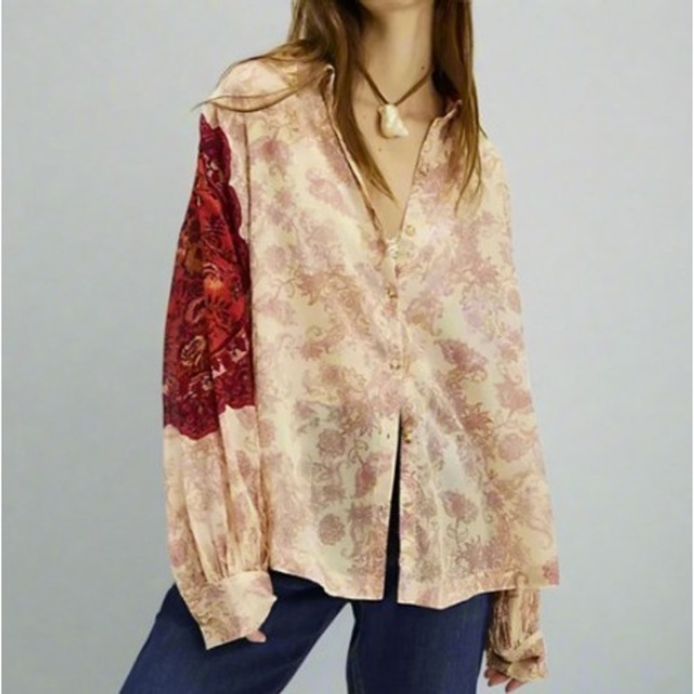 Free People Rose Bud Button Shirt Medium Floral Paisley Boho Hippie Oversized